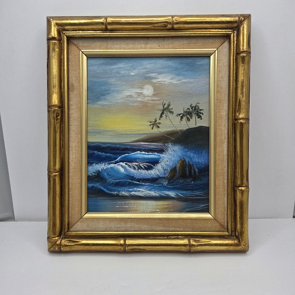 Vintage Tropical Seascape Oil Painting 12x14 Gold Faux Bamboo Frame Ocean Moon